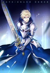 Anime-style knight in blue and silver armor holding a large ornate sword, Fate/Grand Order art