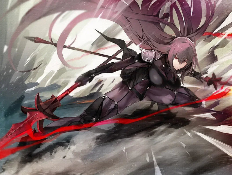 Anime-style female warrior in black armor with red spear, dynamic action pose, collectible weapon theme