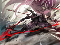 Anime-style female warrior in black armor with red spear, dynamic action pose, collectible weapon theme