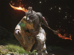 Anime-style warrior character with beast-like face wielding a flaming weapon, fantasy setting