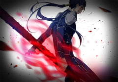Anime-style lancer with blue armor wielding a red spear, dynamic pose, collectible weapon art.