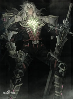 Anime warrior with long silver hair, black armor, glowing green chest, and large sword display