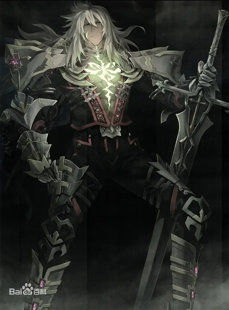 Anime warrior with long silver hair, black armor, glowing green chest, and large sword display