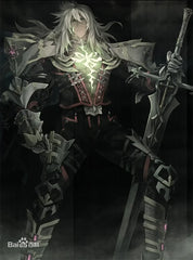 Anime warrior with long silver hair, black armor, glowing green chest, and large sword display