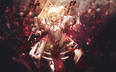 Anime-style knight in silver and red armor holding a sword amid glowing shards, fantasy artwork.