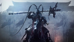 Anime-style armored warrior on horseback holding a fantasy weapon outside a fortress.