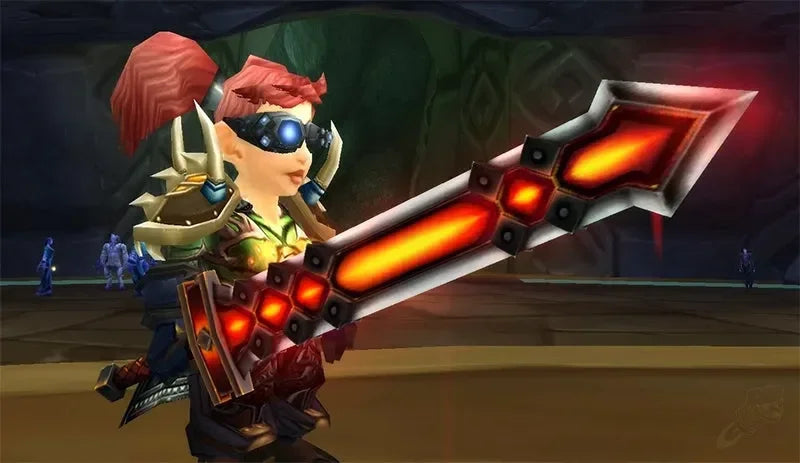 Anime-style gnome warrior with glowing replica sword, collectible weapon for cosplay display