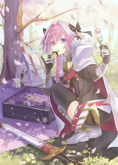 Anime-style character with pink hair in armor eating sweets, picnic under cherry blossoms, sword nearby