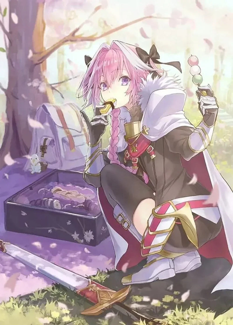 Anime-style character with pink hair in armor eating sweets, picnic under cherry blossoms, sword nearby