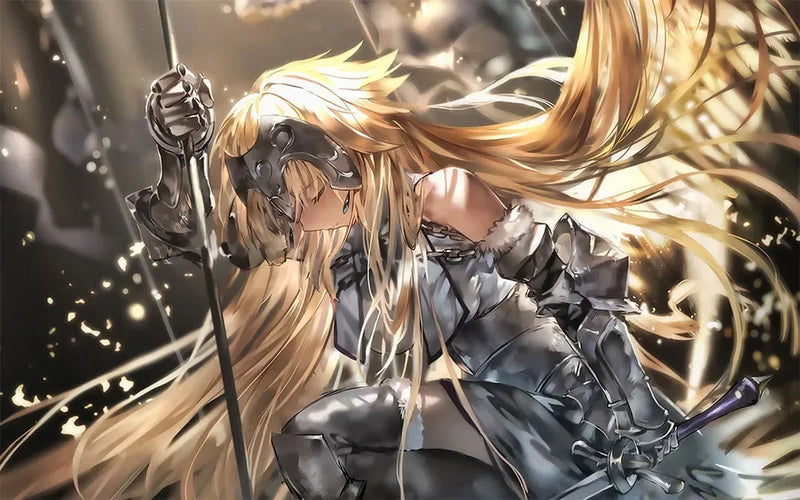 Anime-style warrior woman in silver armor with long blonde hair holding a sword, dynamic pose