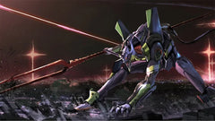 Anime-style robot holding a red spear, crouched over a city at night with glowing lights.
