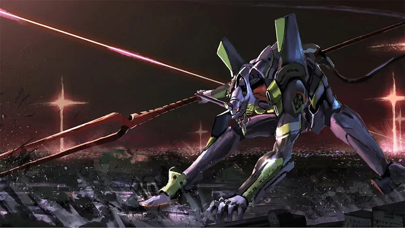 Anime-style robot holding a red spear, crouched over a city at night with glowing lights.