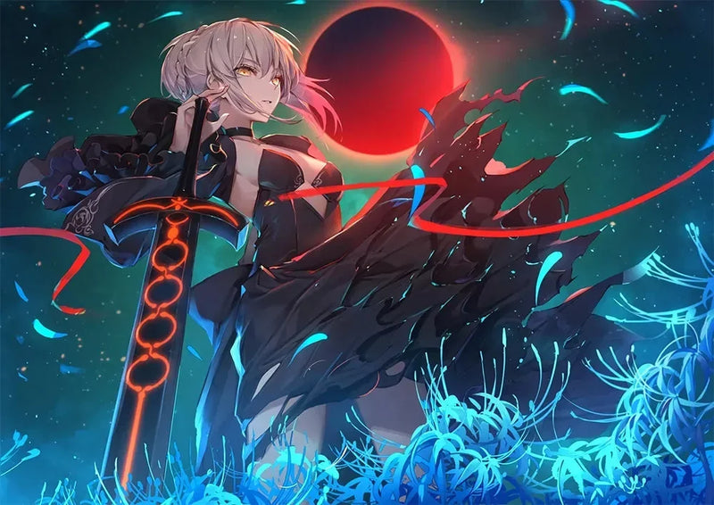 Anime-style character in black dress with glowing sword, red eclipse background, vibrant colors