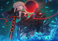 Anime-style character in black dress with glowing sword, red eclipse background, vibrant colors