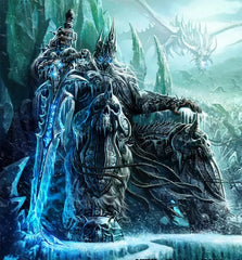 Anime-style dark armored warrior with glowing blue sword on icy mount, fantasy dragon background.