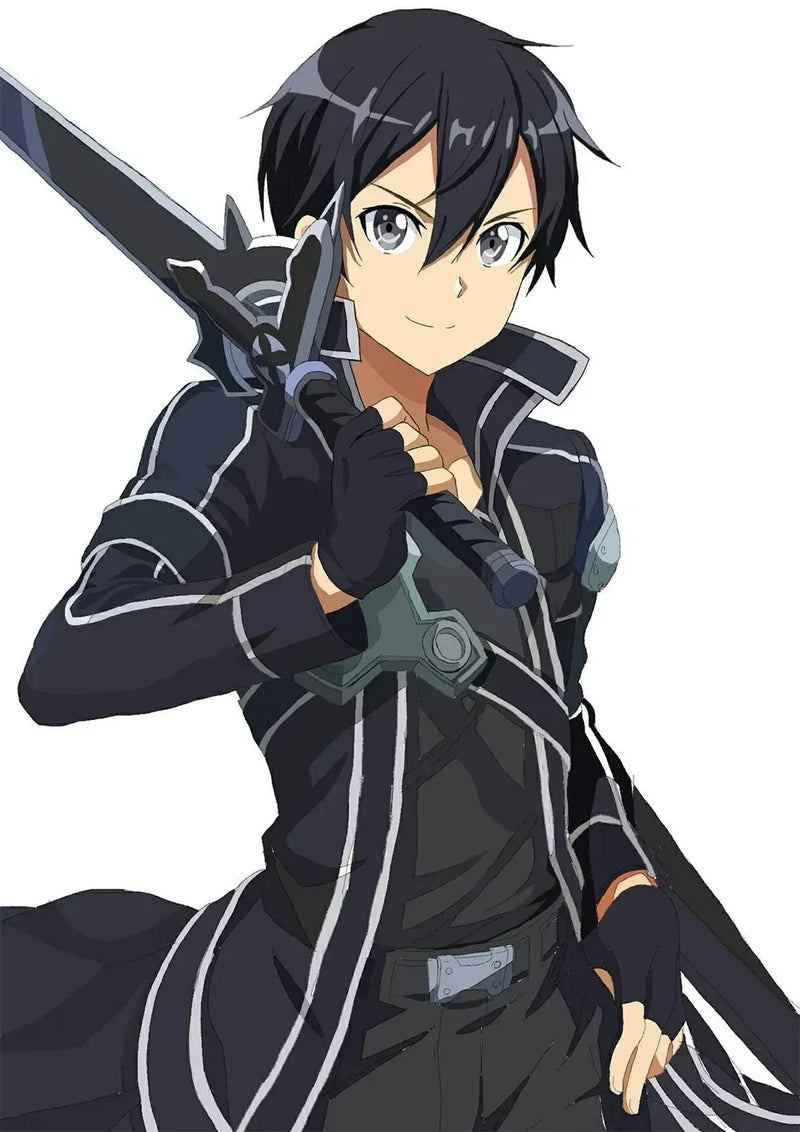 Anime-style character in black outfit holding sword, showcasing collectible weapon replica