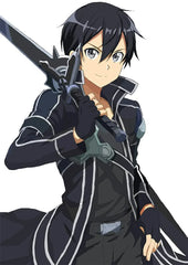 Anime-style character in black outfit holding sword, showcasing collectible weapon replica