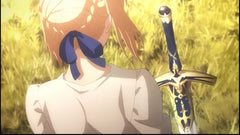 Anime-style figure with blond hair and blue ribbon holding ornate sword in grassy field, BlacksmithSONG collectible.