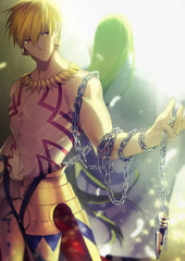Anime-style male character with blond hair, gold armor, and chain weapon, collectible display