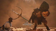 Anime-style Black Myth Wukong character facing a giant creature with zinc alloy weapon replica.