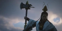 Anime-style figure in ornate robe holding large detailed axe, dramatic sky background, BlacksmithSONG collectible replica.