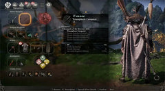 Anime-style game character with cape, weapon selection UI, and fantasy landscape background