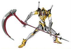 Anime-style yellow and silver robot wielding a large red and gray scythe collectible weapon