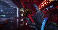 Robot hand holding red hilt anime-style sword in neon cyberpunk city, BlacksmithSONG collectible