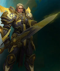 Anime-style warrior in ornate gold armor holding a large fantasy sword, collectible replica inspiration
