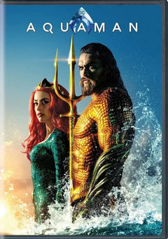 Aquaman movie cover with two characters in colorful costumes holding a golden trident, standing in ocean waves.