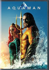 Aquaman movie cover with two characters in colorful costumes holding a golden trident, standing in ocean waves.