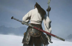 Anime-style warrior in ornate armor with a sword, showcasing collectible weapon replica.