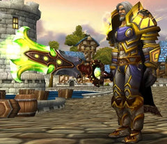 Anime-style armored warrior holding oversized glowing weapon replica in fantasy village setting