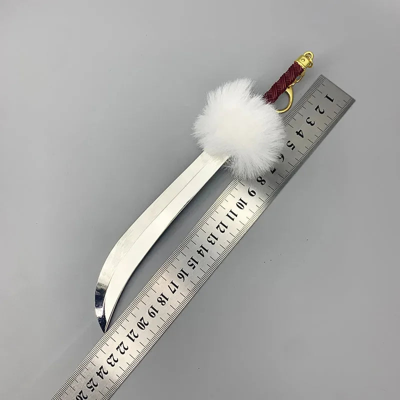 1:6 scale anime-style zinc alloy sword replica with white pompom, red handle, and ruler for size