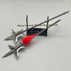 1:6 anime-style zinc alloy spear replicas with red tassel on display stand, BlacksmithSONG collectible.