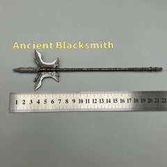 Anime-style zinc alloy weapon replica with intricate design beside ruler, labeled Ancient Blacksmith.