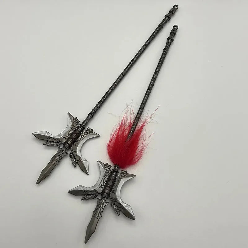 1:6 scale anime-style zinc alloy halberd replicas with ornate blades and red tuft, BlacksmithSONG collectible weapons.