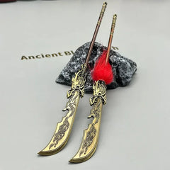 1:6 anime-style zinc alloy replica polearms with dragon detail and red tufts on display rock