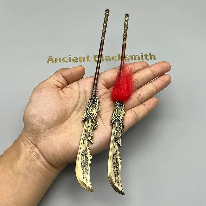 Hand holds two detailed 1:6 anime-style zinc alloy weapon replicas with ornate blades, one with red tassel, collectible items from BlacksmithSONG.