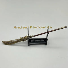 Anime-style zinc alloy polearm replica on stand, Ancient Blacksmith collectible display.