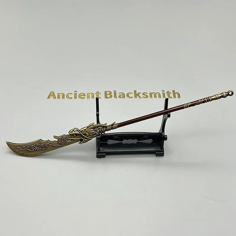 Anime-style zinc alloy polearm replica on stand, Ancient Blacksmith collectible display.