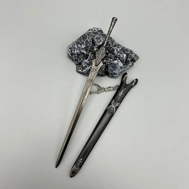 1:6 scale anime-style zinc alloy sword replica with black sheath, displayed on stone, collectible.