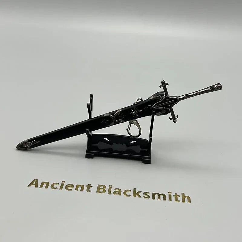 Anime-style zinc alloy sword replica with ornate scabbard on stand, Ancient Blacksmith text