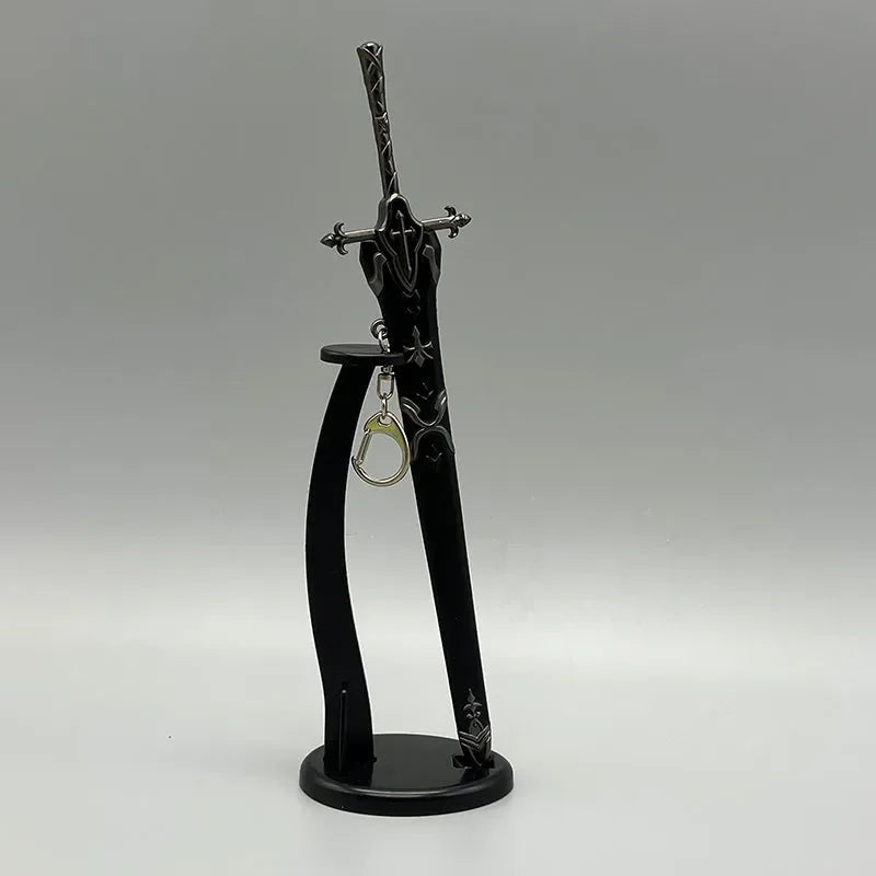 Anime-style black zinc alloy sword replica on display stand with keychain accessory