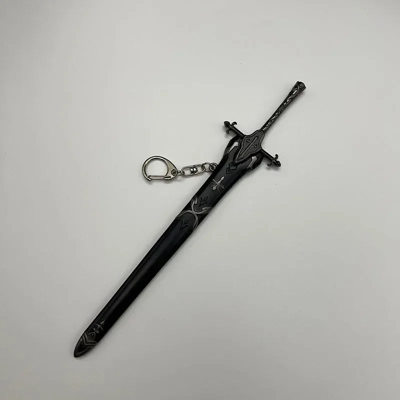 1:6 scale anime-style black zinc alloy sword replica keychain on white background