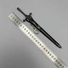 1:6 scale anime-style black zinc alloy sword replica with sheath and metal ruler on gray background