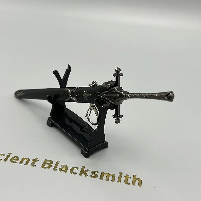 Anime-style black zinc alloy sword replica on stand, collectible display from BlacksmithSONG.