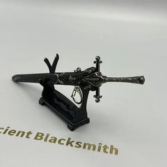 Anime-style black zinc alloy sword replica on stand, collectible display from BlacksmithSONG.