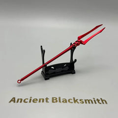 Red anime-style trident zinc alloy replica on stand, Ancient Blacksmith, BlacksmithSONG collectible.