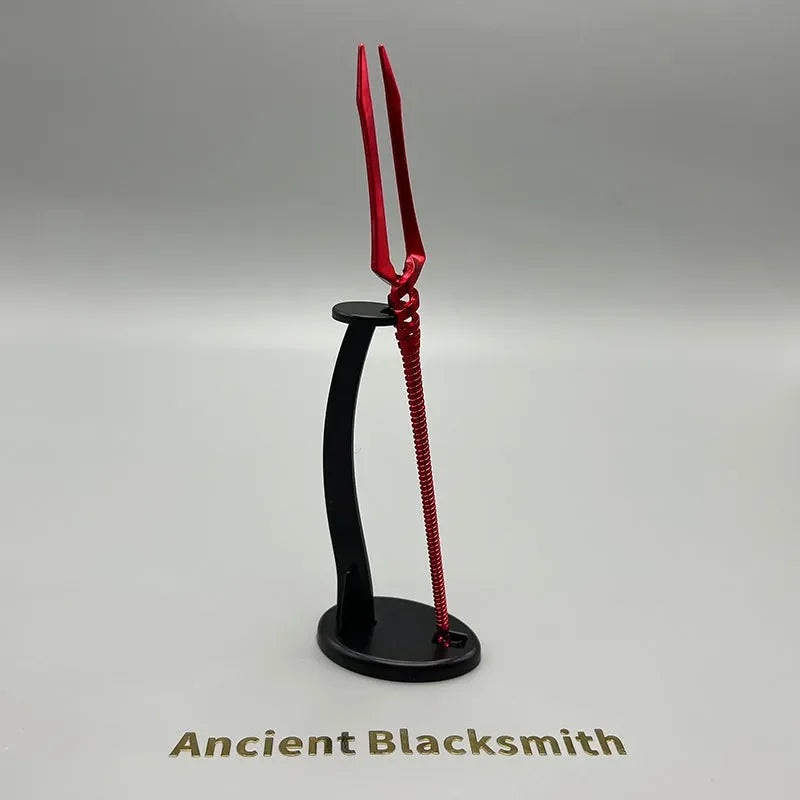 Red zinc alloy anime-style weapon replica on display stand, Ancient Blacksmith text below